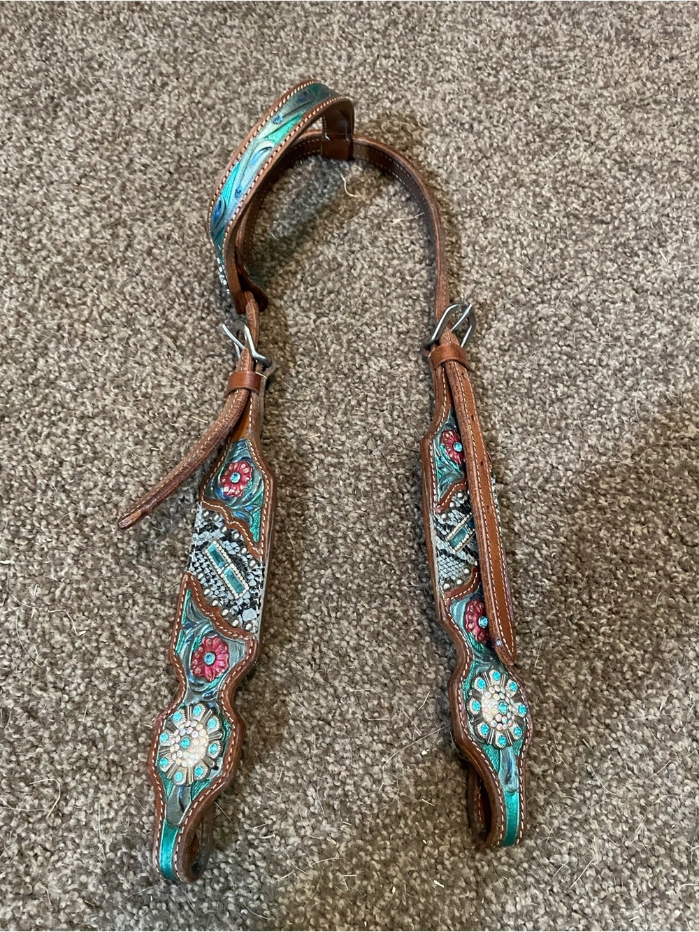 Turquoise & Pink Embellished Leather Headstall